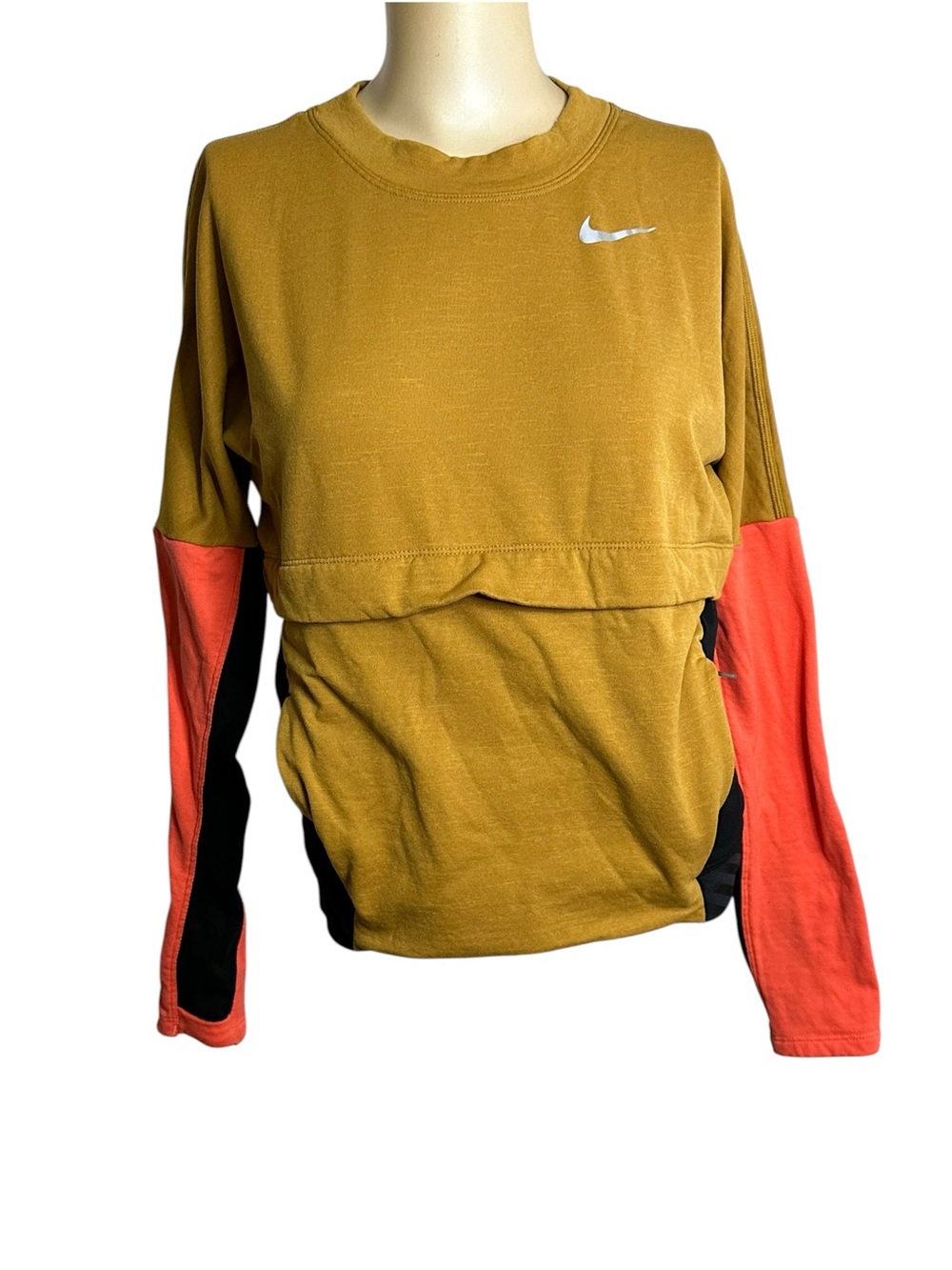 Nike Dri-FIT Colorblock Long Sleeve Running Top Mustard Yellow Coral Small